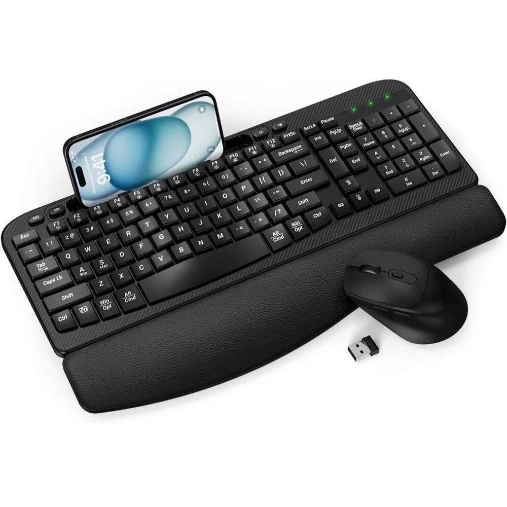 Wireless Keyboard and Mouse Combo,2.4G Full Size Wave Keys Ergonomic Keyboard